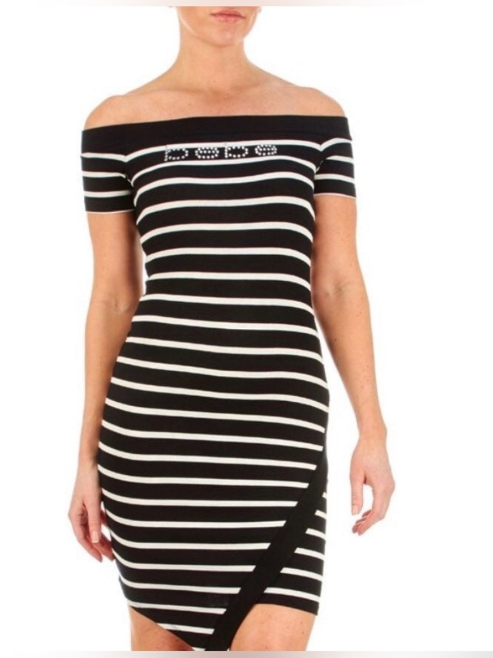Bebe Rhinestone Logo Striped Off Shoulder Bodycon Dress EUC Small